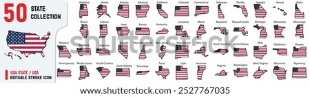 50+ USA Flag State Outline editable stroke icon, also includes New York, Pennsylvania, Rhode Island, South Carolina, South Dakota, Tennessee, Texas, Vector outline of 50 states with their names
