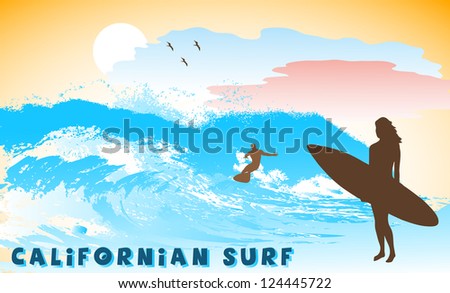 on the image the ocean coast with the surfer is presented
