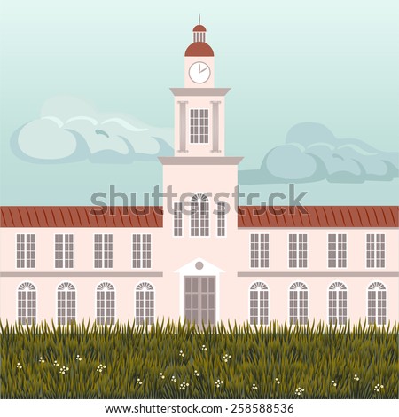 An old university building illustration. All objects are well structurated on a sepparete layers. All objects are properly named, easy to edit or change. 