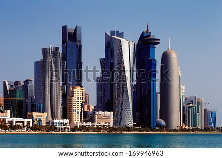 DOHA, QATAR - NOV 15: The West Bay City skyline as seen from The Grand Mosque on Nov 15, 2013 in Doha, Qatar. The West Bay is considered as one of the most prominent districts of Doha