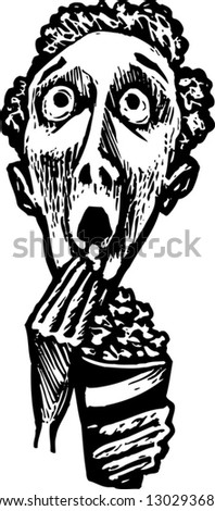 Black and white vector illustration of scared man eating popcorn at cinema