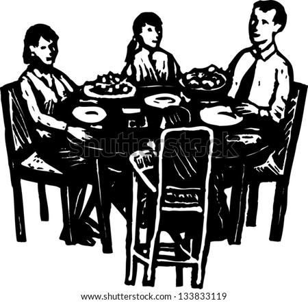 Black And White Vector Illustration Of Family Dinner At Dinner Table ...