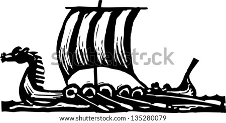 Black And White Vector Illustration Of Viking Ship - 135280079 ...