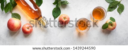 Similar – Image, Stock Photo Homemade apple vinegar in bottle with apples and green leaves on white background. Top view