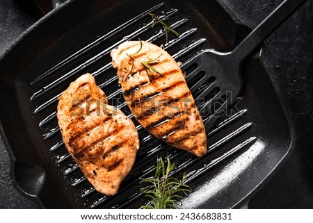 Image, Stock Photo Grill pan with rosemary and garlic in kitchen