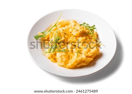 Similar – Image, Stock Photo Scrambled eggs in a blue plate, top view on a yellow table.