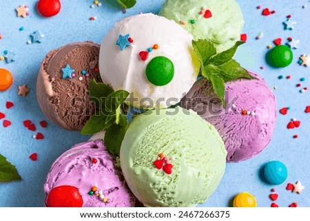 Similar – Image, Stock Photo Pink colored ice cream in a cone against pastel background to show concept and colors of summer time