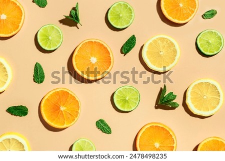 Similar – Image, Stock Photo Citrus fruits slices in sunlight. Summer fruits context