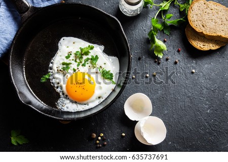 Fried egg. Close up view of the fried egg on a frying pan. Salted and spiced fried egg with parsley on cast iron pan and black background. 商業照片 © 