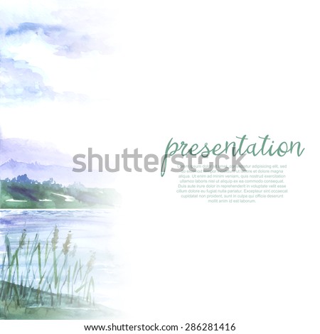 Watercolor landscape: lake, mountains, clean air