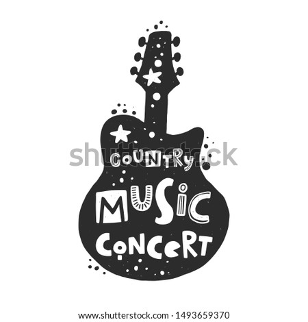 Country music festival vector banner template. Guitar silhouette with stylized lettering. Cultural entertainment. Musical instrument with ink drops. Poster design element.