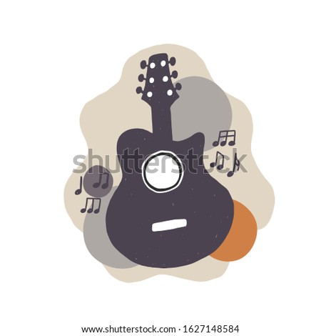 Hand drawn guitar silhouette with stylized background. Country music concert vector banner template. Cultural entertainment. Musical instrument with notes. Shop, store poster design idea