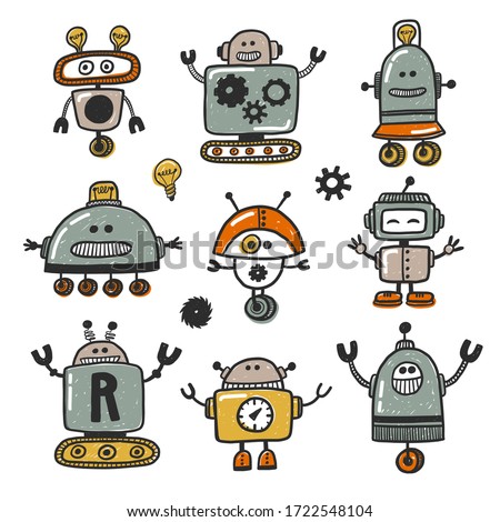 Robot character hand drawn illustration set. Super geek. Cute robot toy sticker collection. Grunge stylized living machine. Comic modern humanoid poster design element.