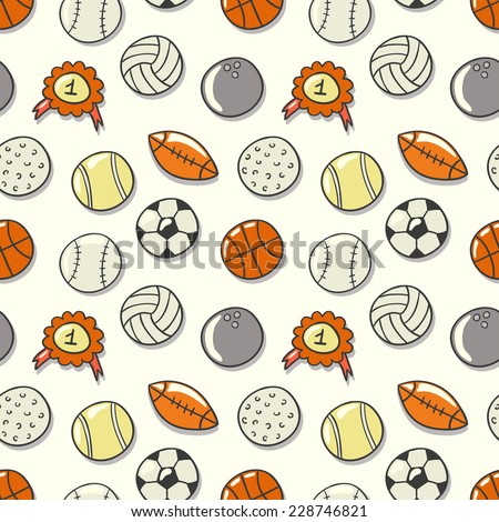 Seamless pattern with Sport Ball: football, volleyball, basketball, rugby, tennis, baseball. Hand drawn vector illustration.