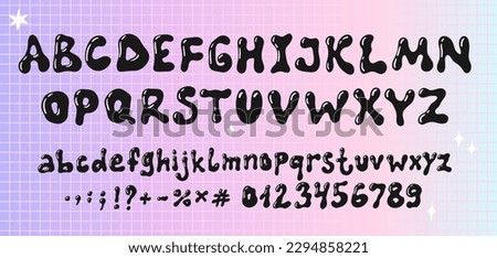 Hippie bohemian groovy postmodern funky font alphabet 1960s boho psychedelic style. Letters and numbers in Y2K style. Elements for social media, web design, posters, collages, clothing, music albums