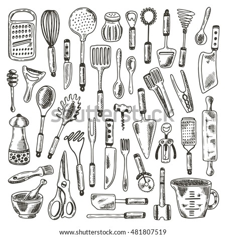 Kitchen supplies set. Hand drawn vector illustration. Peeler, grater, spoon, corkscrew, slicer, pepper mill, shaker, steel knife, whisk, pin, fork, salt shaker and other elements for your design.