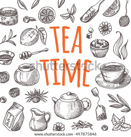 Tea time card with elements of kitchen. Hand drawn vector illustration. Can be used for menu, cafe, restaurant, bar, poster, banner, emblem, sticker, placard and other design.