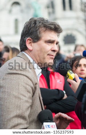 PARIS, FRANCE - APRIL 6: French Minister for Industrial Renewal Arnaud Montebourg supports made in France is interviewed at Montmartre. Paris, April 6, 2013
