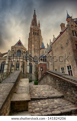 Church of Our Lady and the bridge over canal in Bruges, Belgium