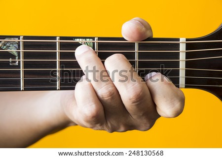 Hand performing C major chord on guitar