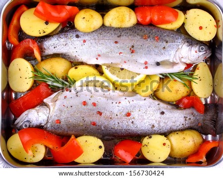 Two marinated rainbow trout with red pepper, potato and lemon, top view