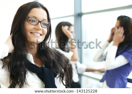 Student meeting smiley girl face on foreground