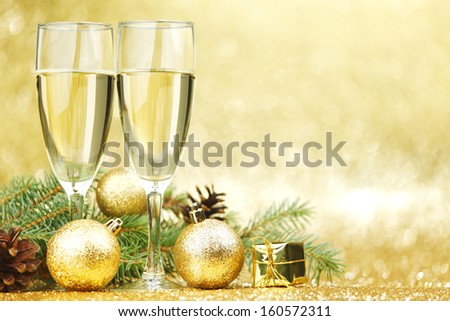 New year card with champagne and decoration