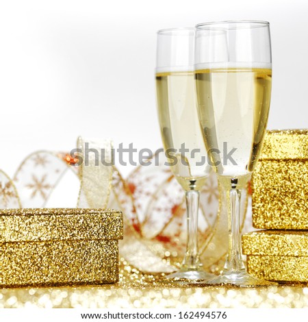 Holiday card with champagne and gifts