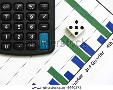 A calculator beside a dice over a bar graph of increasing trend
