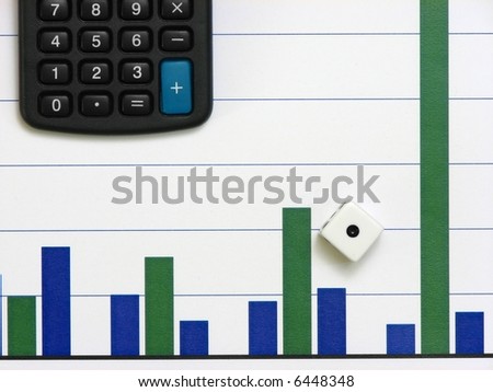 Part of a calculator with a big blue sum key  and a dice over a bar graph as background
