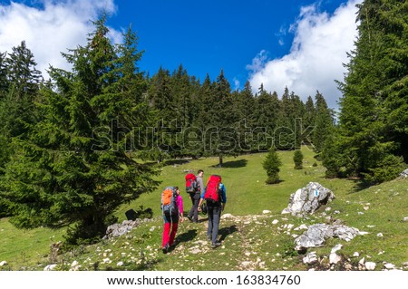 A group of people with backpacks hiking in the mountains