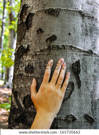Engagement ring with beautiful diamond on the finger of a young woman placing her hand on a tree