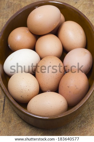 Free range organic farm-fresh eggs in vintage French bowl. Vertical shot.