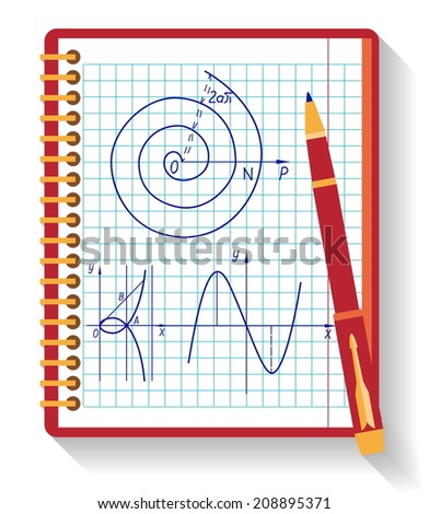 Notebook with vector mathematical function graph. Flat design.