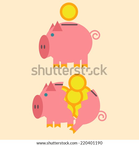 Flat design of intact and broken piggy bank. Vector illustration.