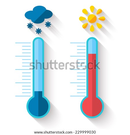 Flat design of Thermometer measuring heat and cold, with sun and snowflake icons, vector illustration