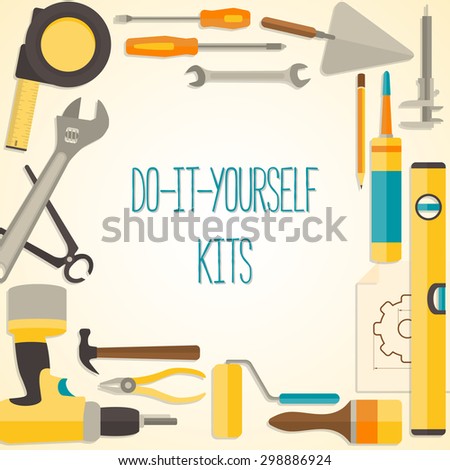 Vector flat design background with do-it-yourself tools for construction and home repair. Web banner concept