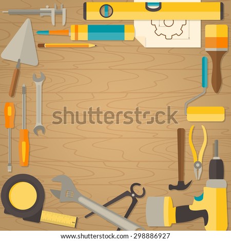 Vector flat design background with do-it-yourself tools for construction and home repair on wooden surface. Web banner concept