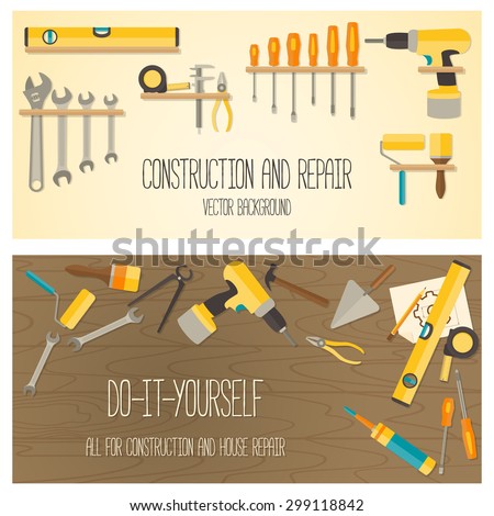 Web banner concept of DIY shop. Vector flat design background with construction tools and home repair kit.