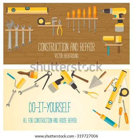 Web banner concept of DIY shop. Vector flat design background with do-it-yourself tools for construction and home repair on wooden surface. 