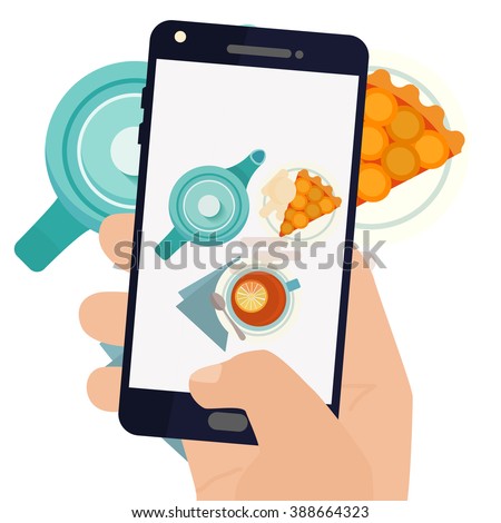 Hand making a smartphone photo of breakfast tea and apricot pie. Modern trend taking pictures of food in restaurants.  Flat design vector illustration. 