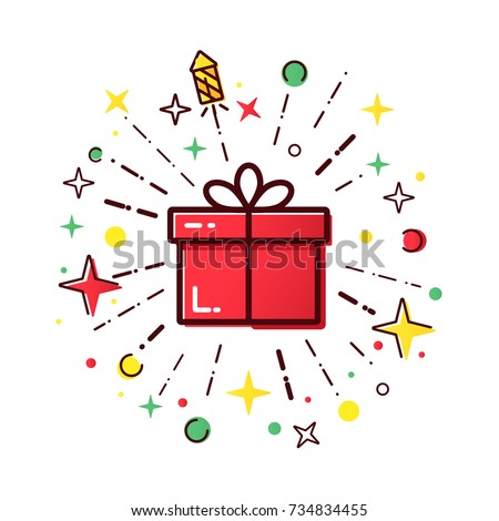 Vector line icons of christmas gift box with a firework. Cute illustration of red gift box, concept for boxing day sale.