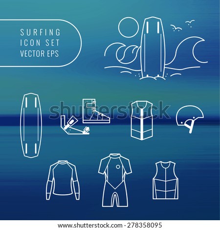 Wake boarding and surfing icon set. equipment for wakeboard riders. blur background