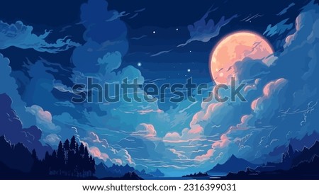 night landscape scene with full moon in clouds. vector illustration
