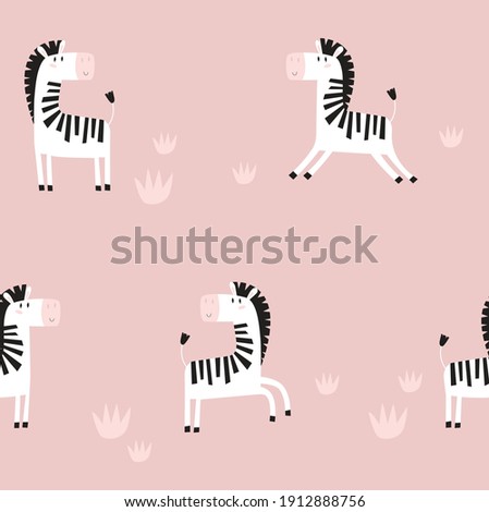 Vector pattern with zebras. Funny cartoon zebras. Zebras are running. Children's illustration. Can be printed on fabric. African animals. Background with animals. pink background