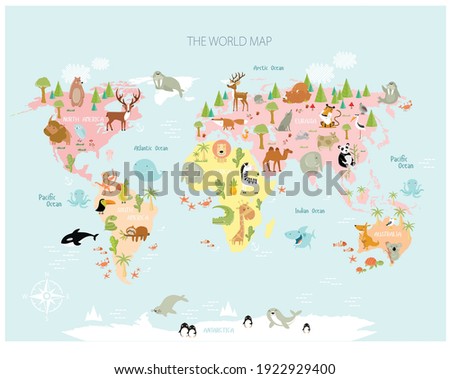 Vector map of the world with cartoon animals for kids. Europe, Asia, South America, North America, Australia, Africa. Lion, crocodile, kangaroo. koala, whale, bear, elephant, shark, snake, toucan.
