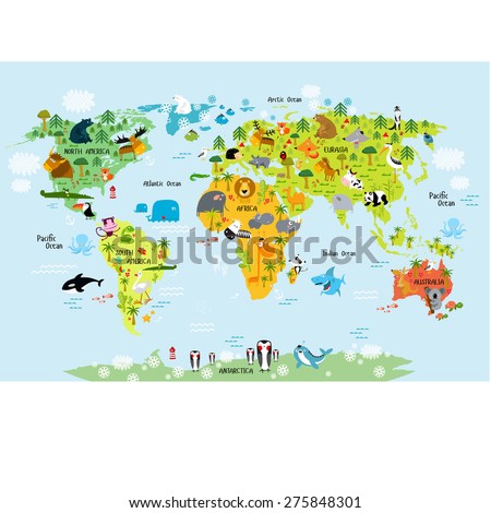 Vector map of the world with animals