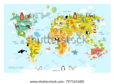 Vector map of the world with cartoon animals for kids. Europe, Asia, South America, North America, Australia, Africa. Lion, crocodile, kangaroo. koala, whale, bear, elephant, shark, snake, toucan.
