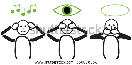 Three stick figure who can not hear, see or want to say. Saying accompanied with the symbols, music, mind and speech bubble.