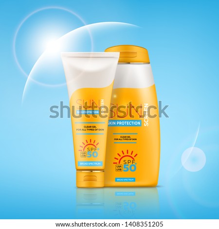 Sunscreen cream realistic 3d tube and bottle with gel or cream for skin protection and UVA/UVB rays blocking. Ready for branding, packaging and advertising design. High quality realistic vector.